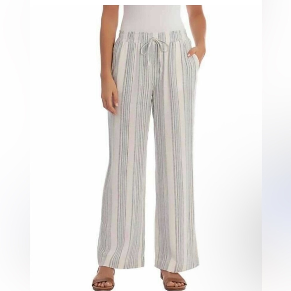 Beachy Briggs Linen Blend pull on pants blue& white pants striped flowy wide leg